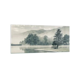 Impression sur verre - Image sur verre - Un lac pittoresque avec un banc et du brouillard en arrière-plan - 120x50cm - Le lac dort encore - Décoration murale moderne pour le salon et la chambre ARTTOR