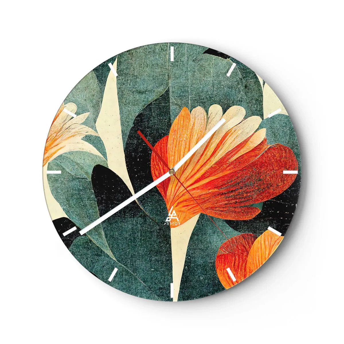 Horloge murale - Pendule murale - Fleurs rouge-orange sur feuilles vert foncé - 30x30cm - La chaleur des tropiques et la fraîcheur de la verdure - Décoration murale moderne pour le salon, la cuisine et la chambre ARTTOR