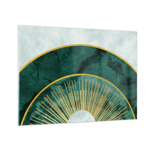Impression sur verre - Image sur verre - Rayons dorés sur fond de demi-cercles verts avec une structure en marbre - 70x50cm - Un autre système solaire - Décoration murale moderne pour le salon et la chambre ARTTOR