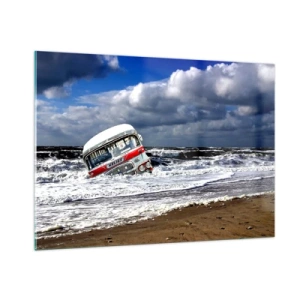 Impression sur verre - Image sur verre - Un vieux bus dans les eaux d'une mer agitée - 100x70cm - Et qu'est-ce qui vous étonne ? - Décoration murale moderne pour le salon et la chambre ARTTOR