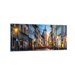 Impression sur verre - Image sur verre - Rue du soir avec vue sur la cathédrale de Cracovie - 120x50cm - La magie de Cracovie - Décoration murale moderne pour le salon et la chambre ARTTOR