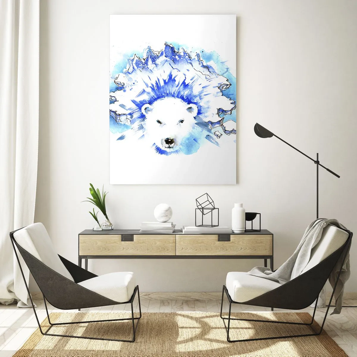 Impression sur verre - Image sur verre - Aquarelle artistique représentant un ours polaire avec un motif glacé - 80x120cm - Le roi de l'Arctique dans une couronne de glace - Décoration murale moderne pour le salon et la chambre ARTTOR