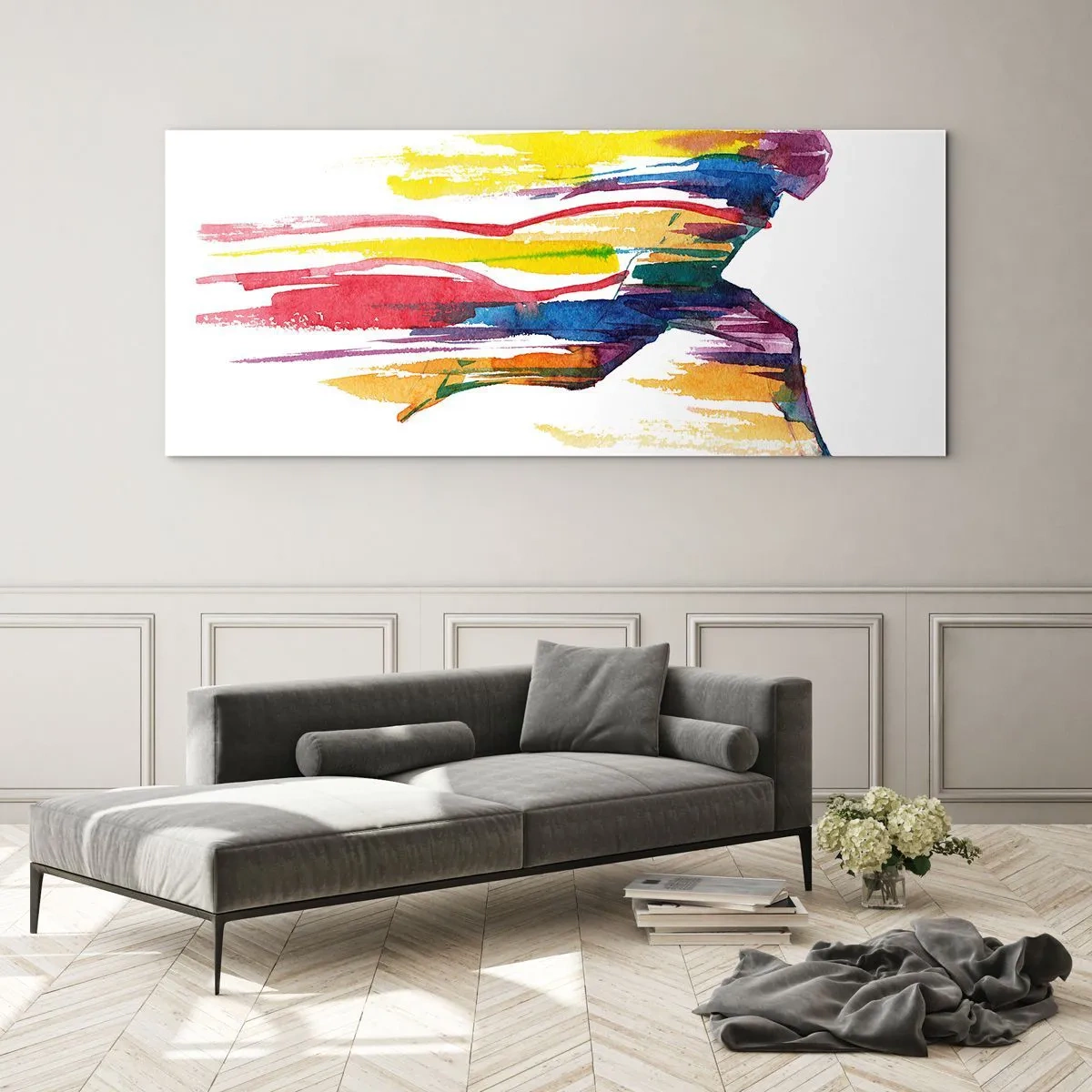 Impression sur verre - Image sur verre - Un coureur aux couleurs abstraites symbolisant le dynamisme et l'énergie - 140x50cm - Courir à travers l'arc-en-ciel - Décoration murale moderne pour le salon et la chambre ARTTOR