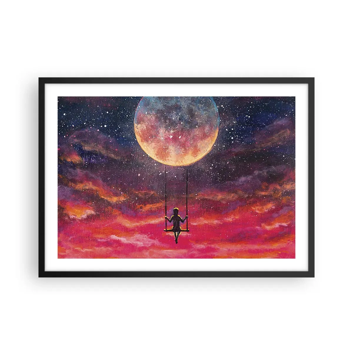 Affiche dans un cadre noir - Poster - Une silhouette sur une balançoire suspendue contre la lune - 70x50cm - Se balancer dans les nuages - Décoration murale moderne pour le salon et la chambre ARTTOR