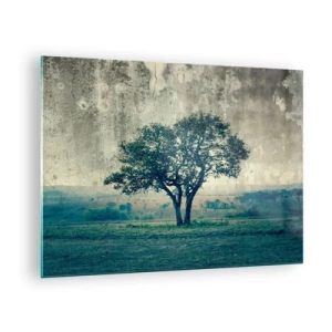 Impression sur verre - Image sur verre - Un arbre solitaire dans un paysage vintage - 70x50cm - Un pommier sur un champ bleu ? - Décoration murale moderne pour le salon et la chambre ARTTOR