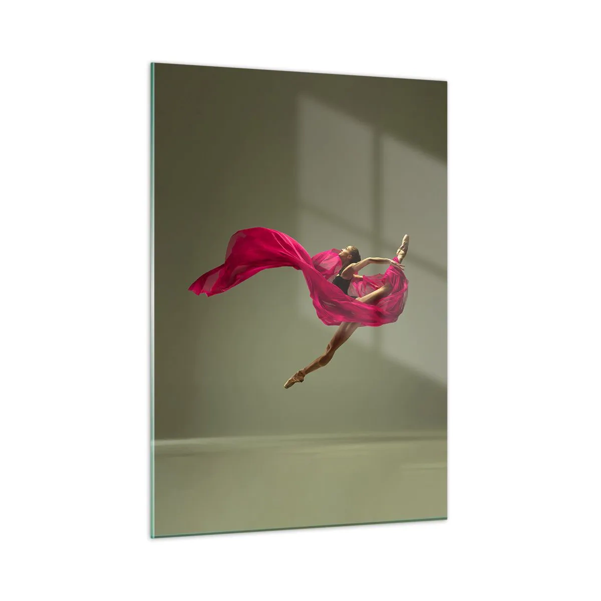 Impression sur verre - Image sur verre - Une danseuse en vol avec un tissu fuchsia fluide - 50x70cm - Flamme dansante - Décoration murale moderne pour le salon et la chambre ARTTOR