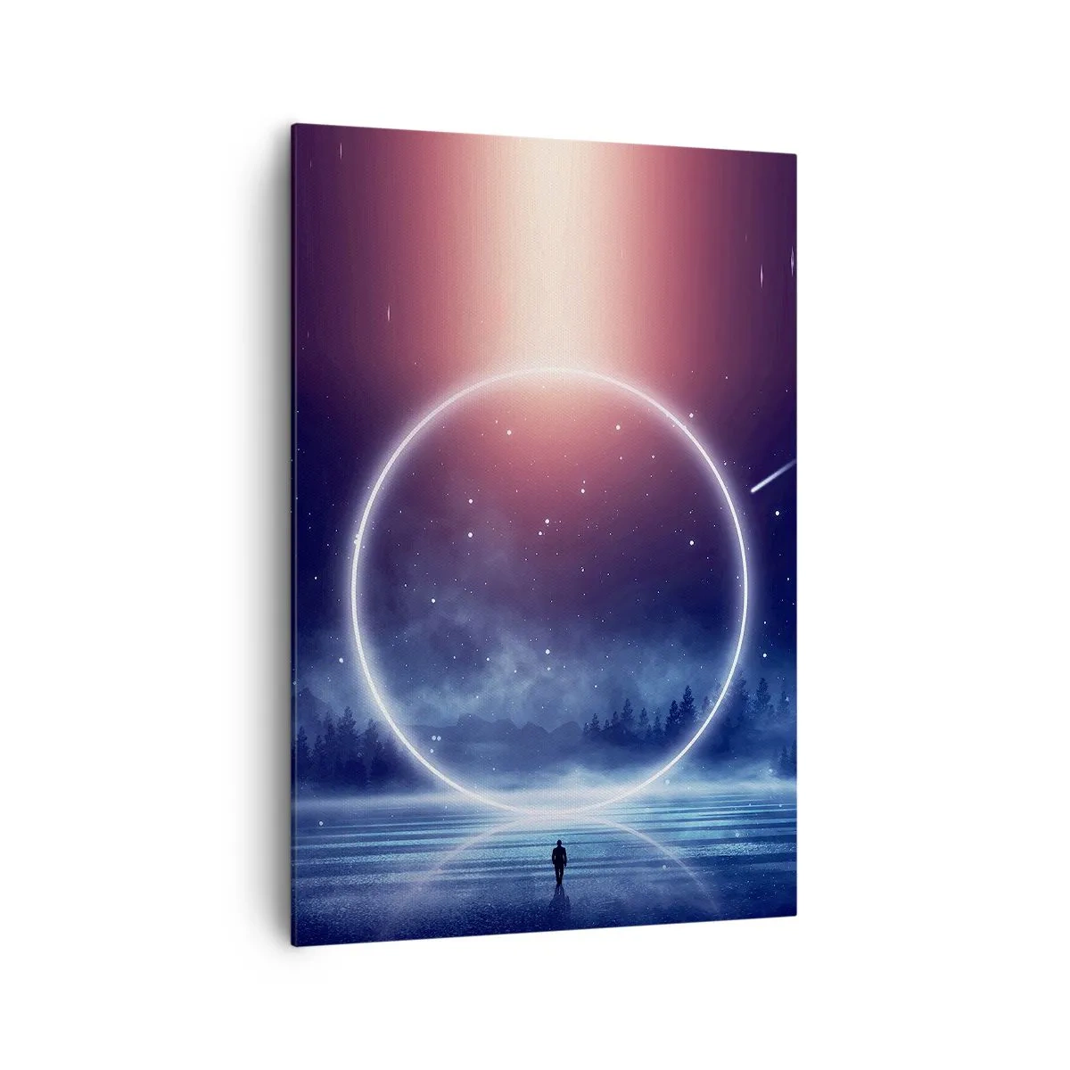 Impression sur toile - Image sur toile - Un paysage magique avec une silhouette et un cercle de lumière la nuit - 70x100cm - Ils sont déjà là... - Décoration murale moderne pour le salon et la chambre ARTTOR