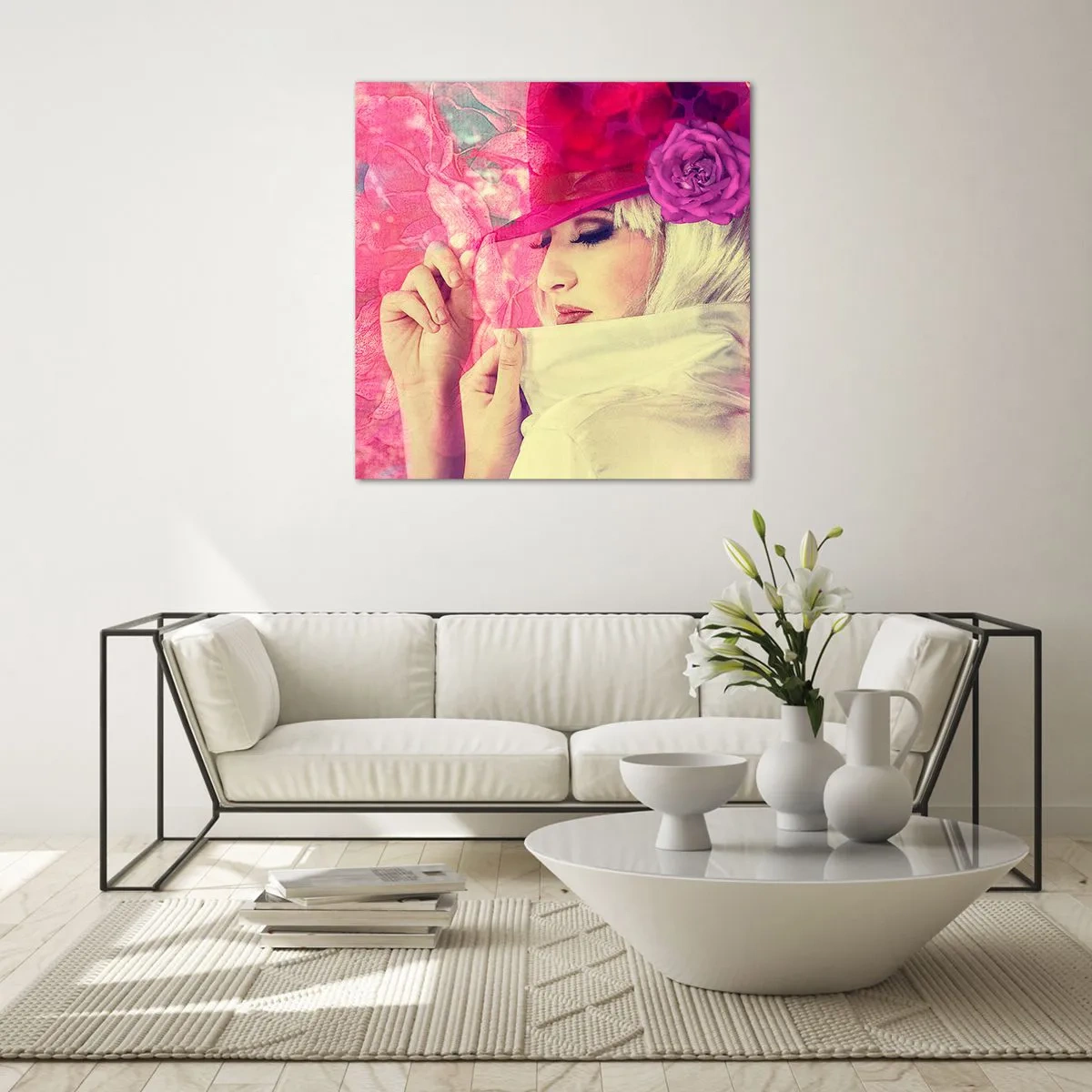 Impression sur verre - Image sur verre - Portrait rétro dans une brume rose - 70x70 cm