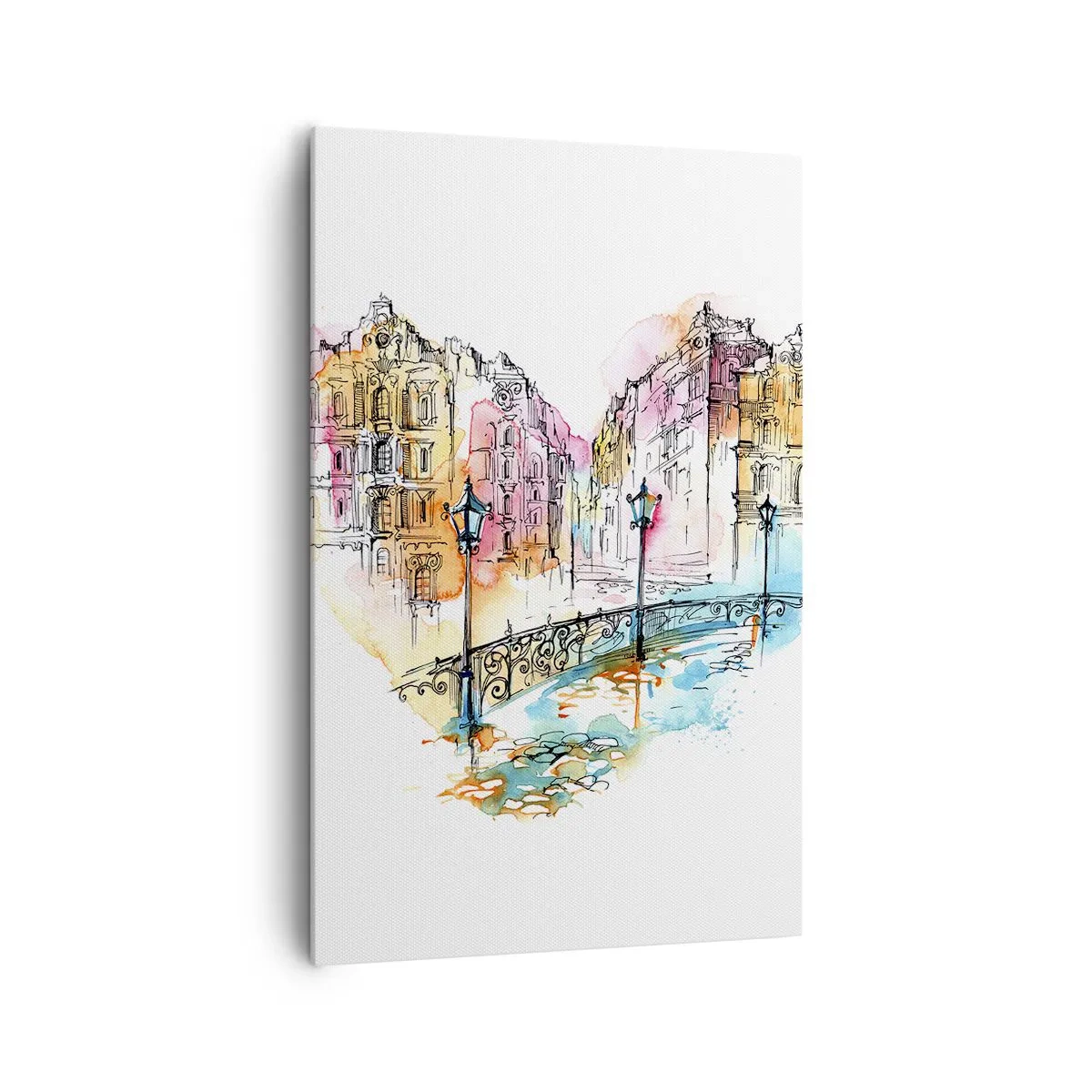 Impression sur toile - Image sur toile - Aquarelle d'un pont et de maisons en forme de cœur - 80x120cm - Le coeur de la ville - Décoration murale moderne pour le salon et la chambre ARTTOR