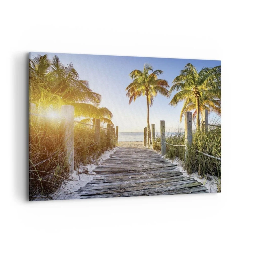 Impression sur toile - Image sur toile - Chemin en bois sur la plage avec des palmiers en arrière-plan - 100x70cm - Directement au paradis - Décoration murale moderne pour le salon et la chambre ARTTOR