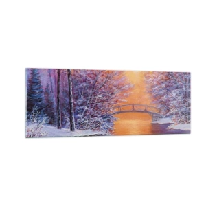 Impression sur verre - Image sur verre - Paysage d'hiver avec un pont et un coucher de soleil - 140x50cm - On se rencontre ici - Décoration murale moderne pour le salon et la chambre ARTTOR