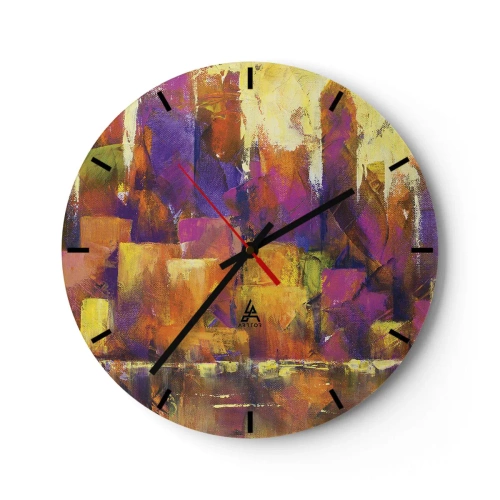 Horloge murale - Pendule murale - Une composition abstraite dans les tons jaune et violet. - 30x30cm - Composition métropolitaine - Décoration murale moderne pour le salon, la cuisine et la chambre ARTTOR