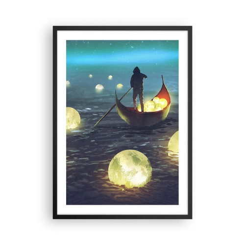 Affiche dans un cadre noir - Poster - Une silhouette sur un bateau entourée de boules lumineuses sur l'eau - 50x70cm - Des choses dont les philosophes n'ont jamais rêvé - Décoration murale moderne pour le salon et la chambre ARTTOR
