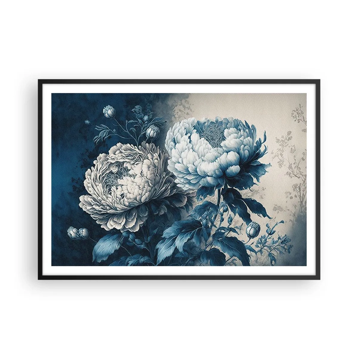 Affiche dans un cadre noir - Poster - Pivoines bleues sur un fond subtil avec un motif délicat - 100x70cm - Paire assortie - Décoration murale moderne pour le salon et la chambre ARTTOR