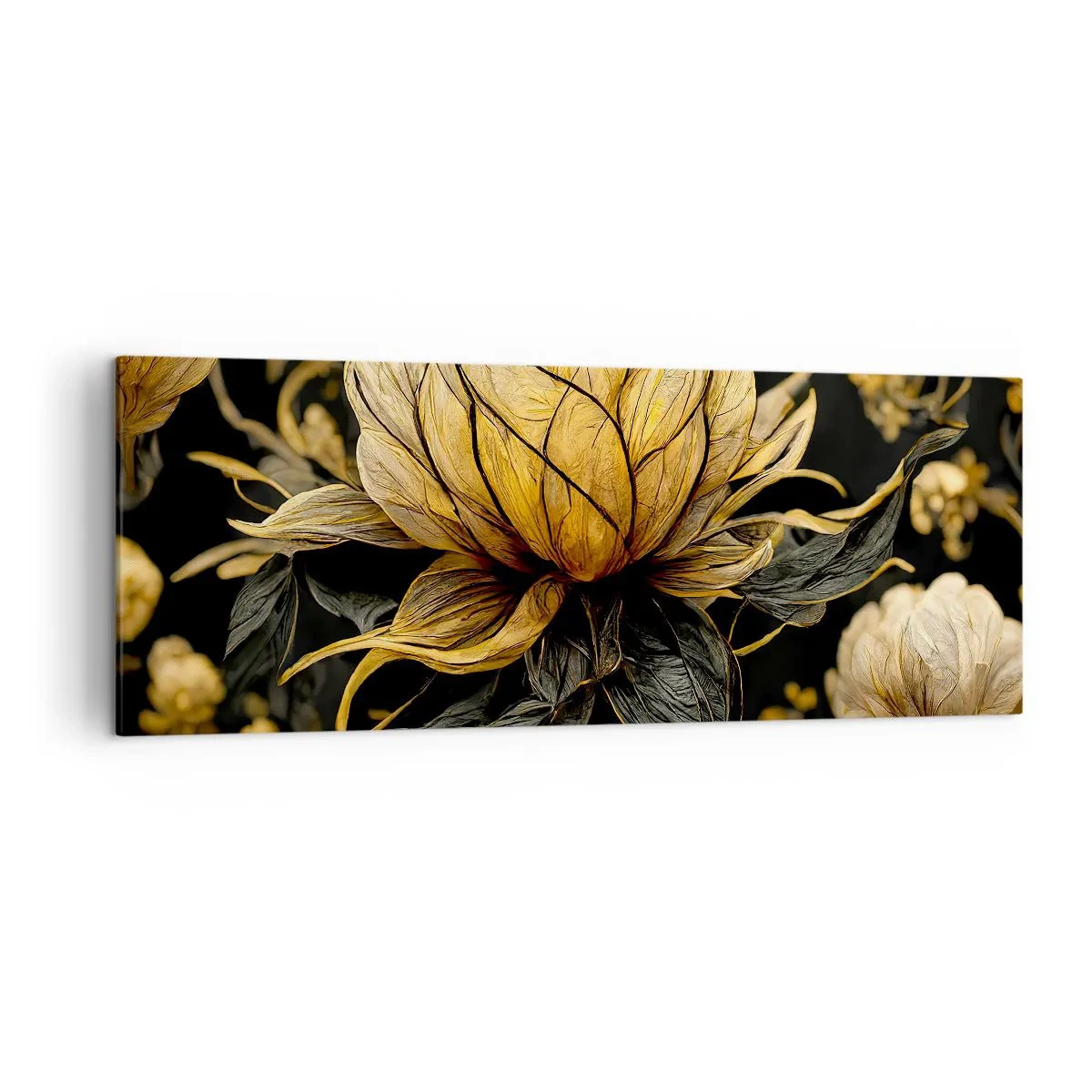 Impression sur toile - Image sur toile - Fleur dorée sur fond sombre - 140x50cm - Fragilité subtile - Décoration murale moderne pour le salon et la chambre ARTTOR
