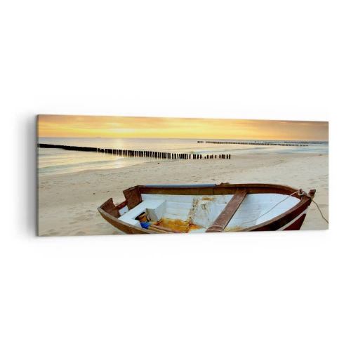 Impression sur toile - Image sur toile - Un bateau sur une plage de sable au coucher du soleil - 140x50cm - Il n'y a pas de plus belles plages - Décoration murale moderne pour le salon et la chambre ARTTOR