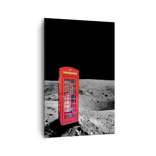 Impression sur toile - Image sur toile - Cabine téléphonique rouge sur la lune - 80x120cm - Une blague cosmique - Décoration murale moderne pour le salon et la chambre ARTTOR
