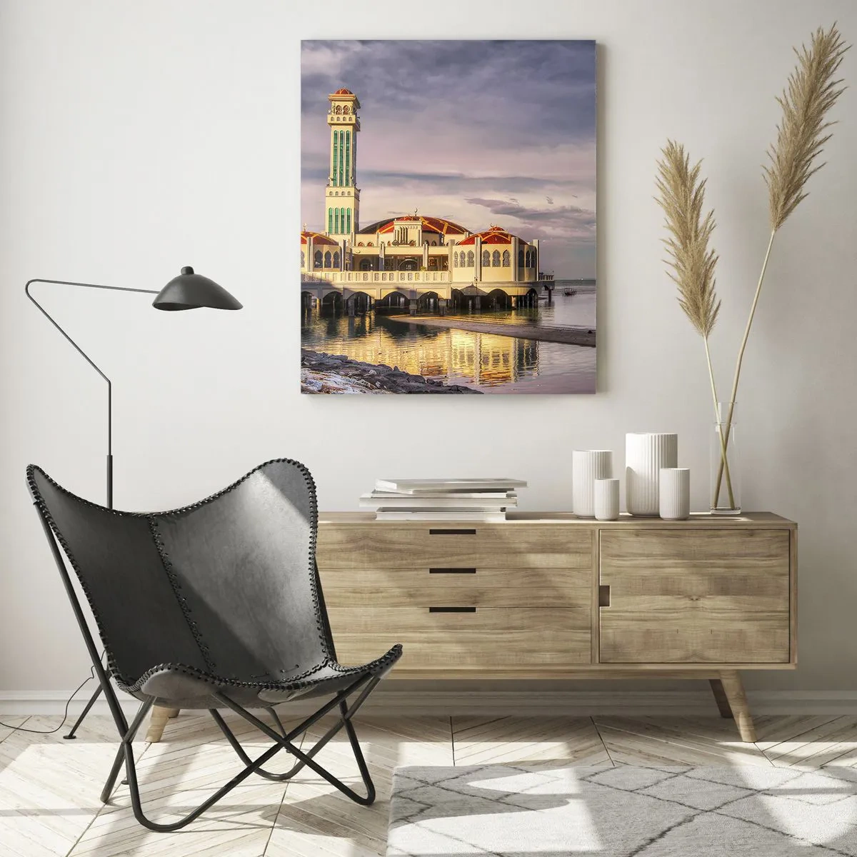 Impression sur verre - Image sur verre - Mosquée sur l'eau dans une lumière pittoresque - 50x70cm - Temple de la nature - Décoration murale moderne pour le salon et la chambre ARTTOR