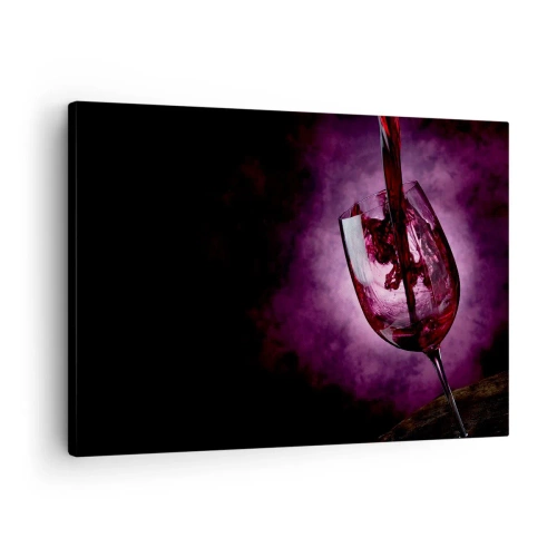 Impression sur toile - Image sur toile - Du vin rouge versé dans un verre sur fond de fumée violette - 70x50cm - Écarlate? Carmin? Non, rubis. - Décoration murale moderne pour le salon et la chambre ARTTOR