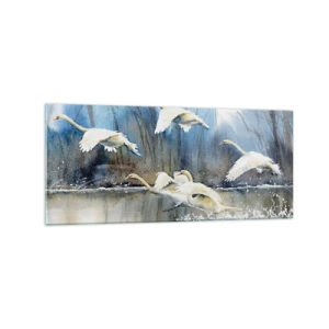 Impression sur verre - Image sur verre - Cygnes en vol au-dessus d'un lac gelé dans un paysage hivernal - 120x50cm - Comme dans un conte de fées sur les cygnes sauvages - Décoration murale moderne pour le salon et la chambre ARTTOR