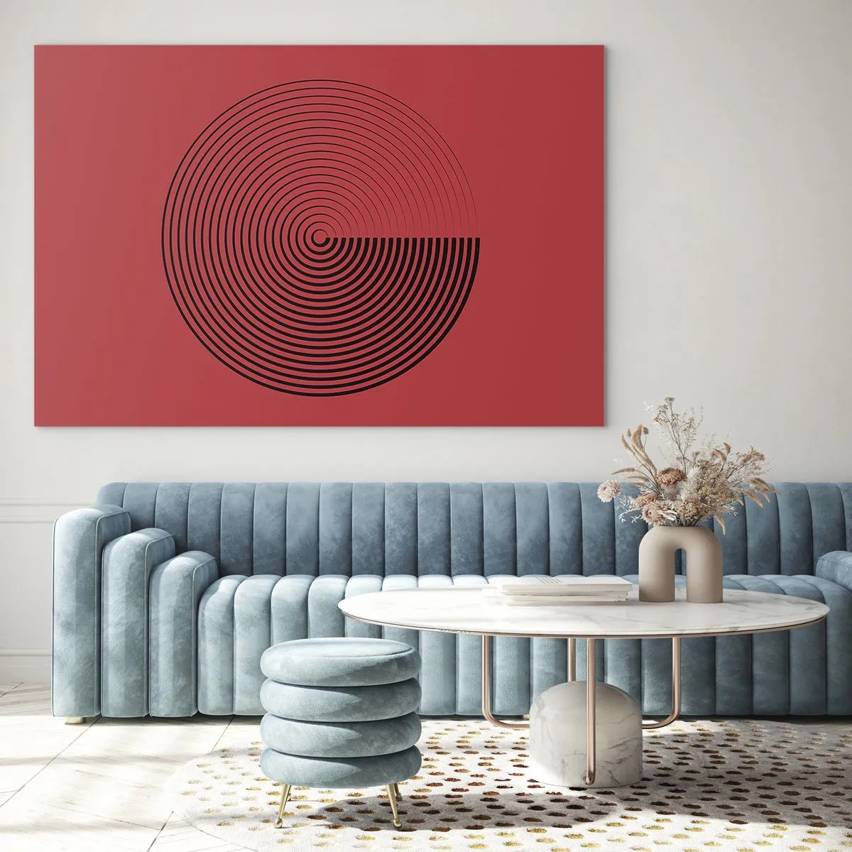 Impression sur verre - Image sur verre - Cercles concentriques noirs sur fond rouge - 70x50cm - Mouvement circulaire - Décoration murale moderne pour le salon et la chambre ARTTOR