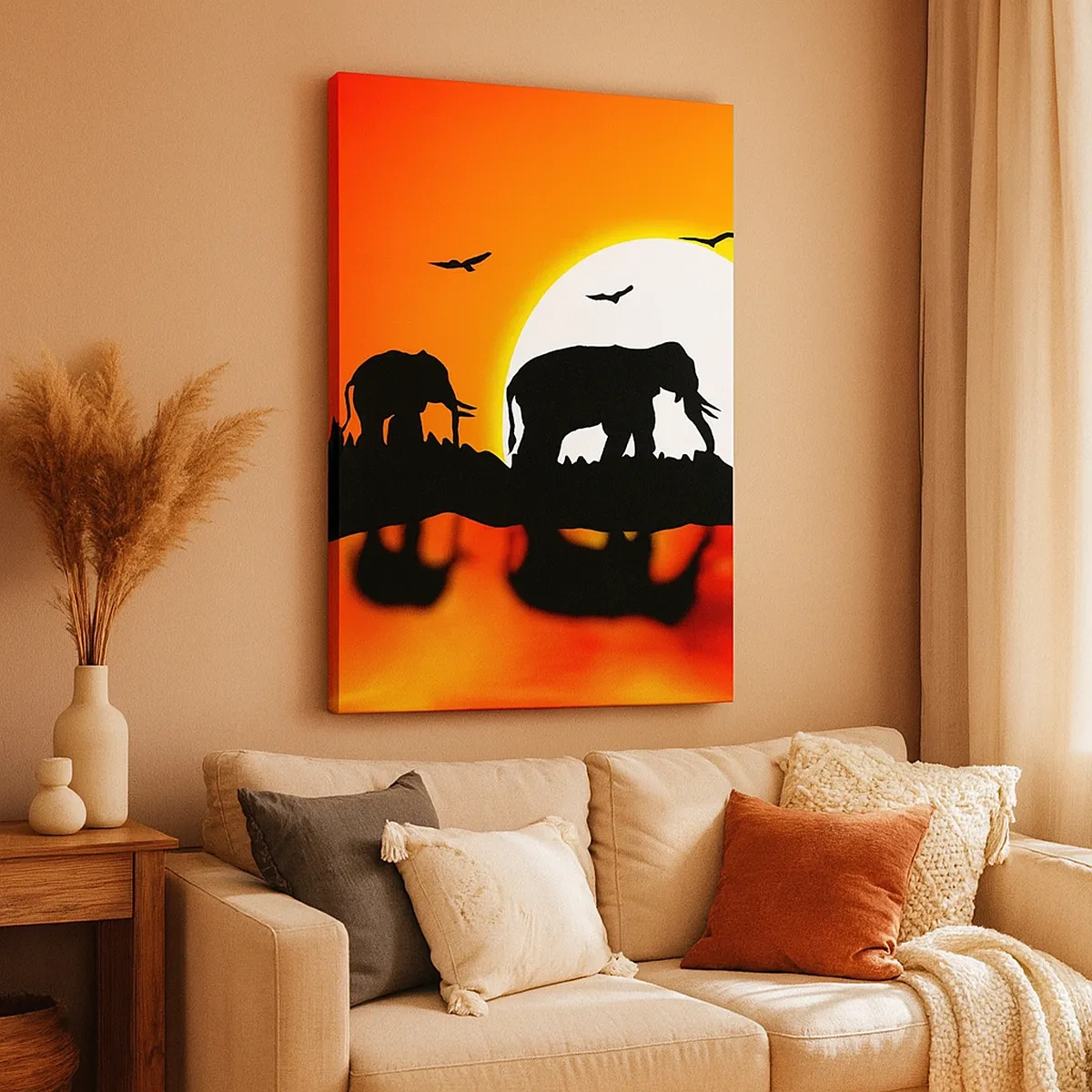 Impression sur toile - Image sur toile - Silhouettes d'éléphants au coucher du soleil sur l'eau avec reflet - 50x70cm - Et le soir pour un petit verre - Décoration murale moderne pour le salon et la chambre ARTTOR