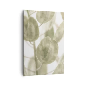 Impression sur toile - Image sur toile - Une peinture délicate de feuilles dans des tons pastel de vert sur un fond clair. - 70x100cm - Au commencement il y avait des feuilles... - Décoration murale moderne pour le salon et la chambre ARTTOR