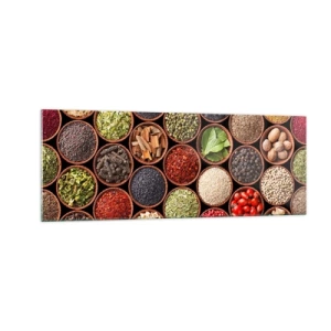 Impression sur verre - Image sur verre - Épices colorées dans des récipients ronds - 140x50cm - Toutes les saveurs du monde - Décoration murale moderne pour le salon et la chambre ARTTOR