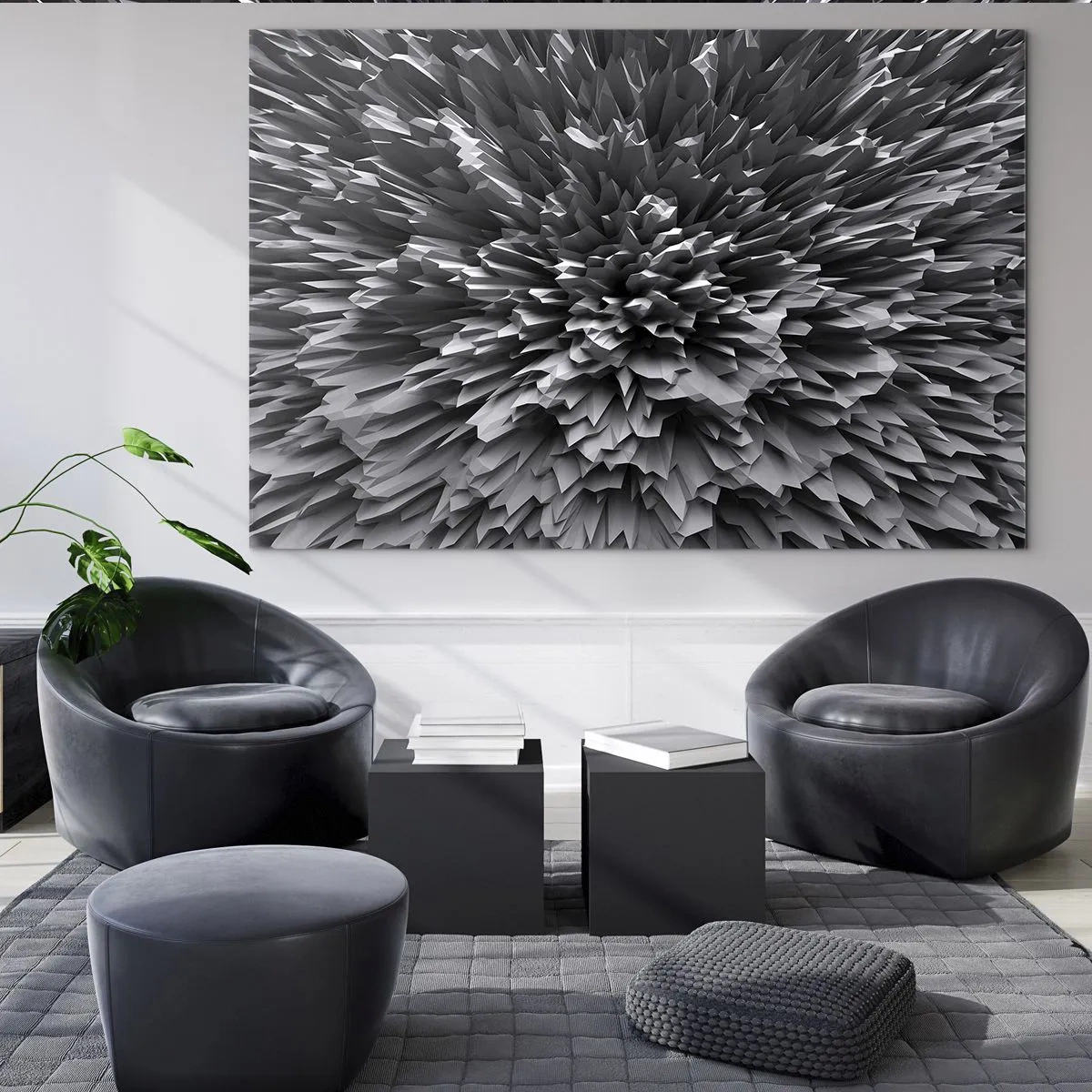 Impression sur verre - Image sur verre - Structure 3D abstraite en noir et blanc avec des bords nets - 70x50cm - Ça ne peut pas être plus dur que ça - Décoration murale moderne pour le salon et la chambre ARTTOR