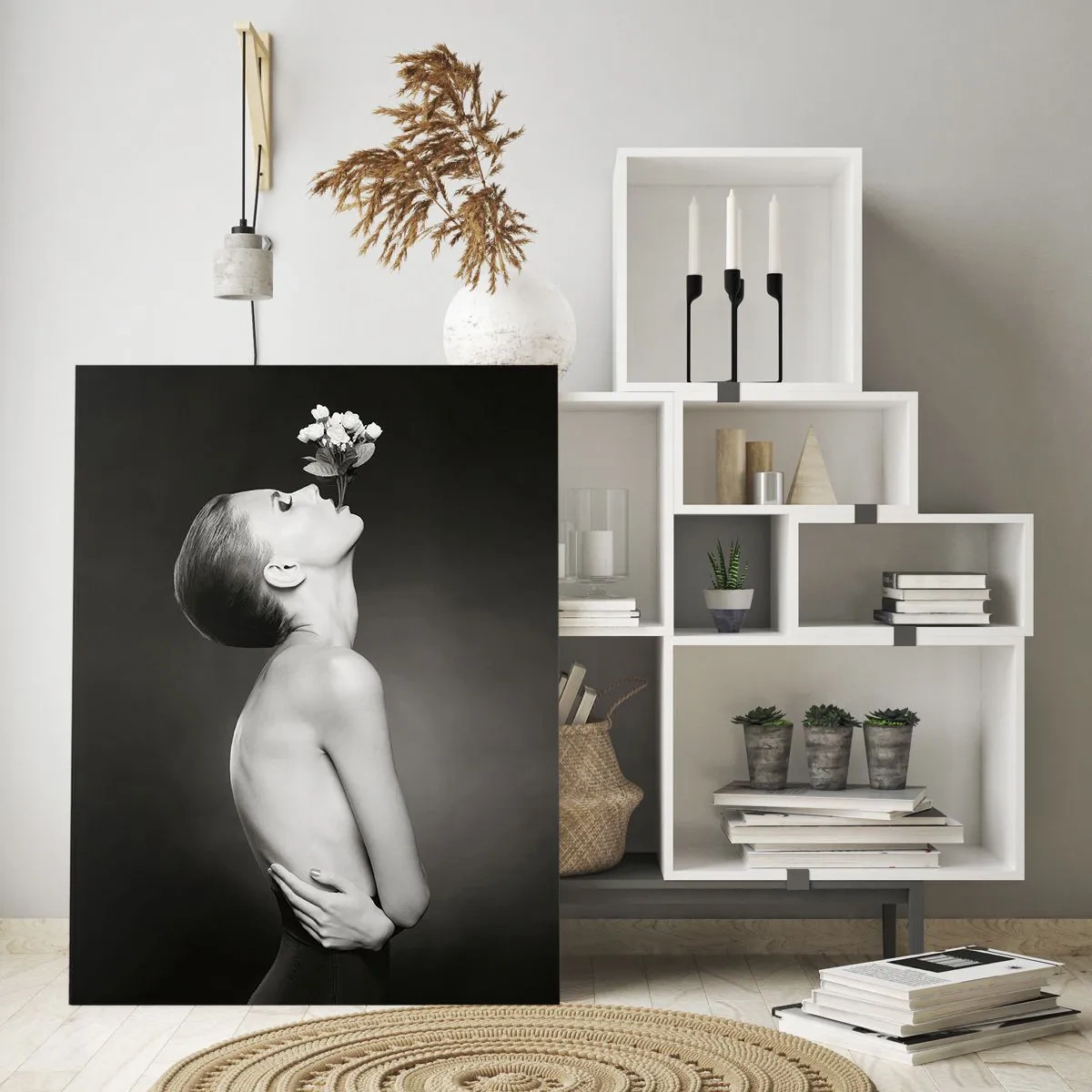 Impression sur verre - Image sur verre - Silhouette noire et blanche d'une femme avec une fleur - 80x120cm - Elégance excentrique - Décoration murale moderne pour le salon et la chambre ARTTOR