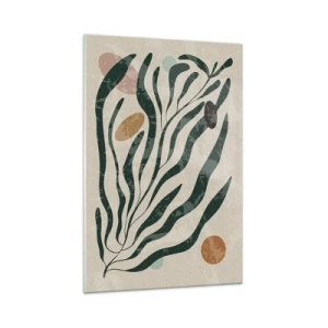 Impression sur verre - Image sur verre - Lignes et formes organiques en vert et beige - 70x100cm - Parmi la verdure - Décoration murale moderne pour le salon et la chambre ARTTOR