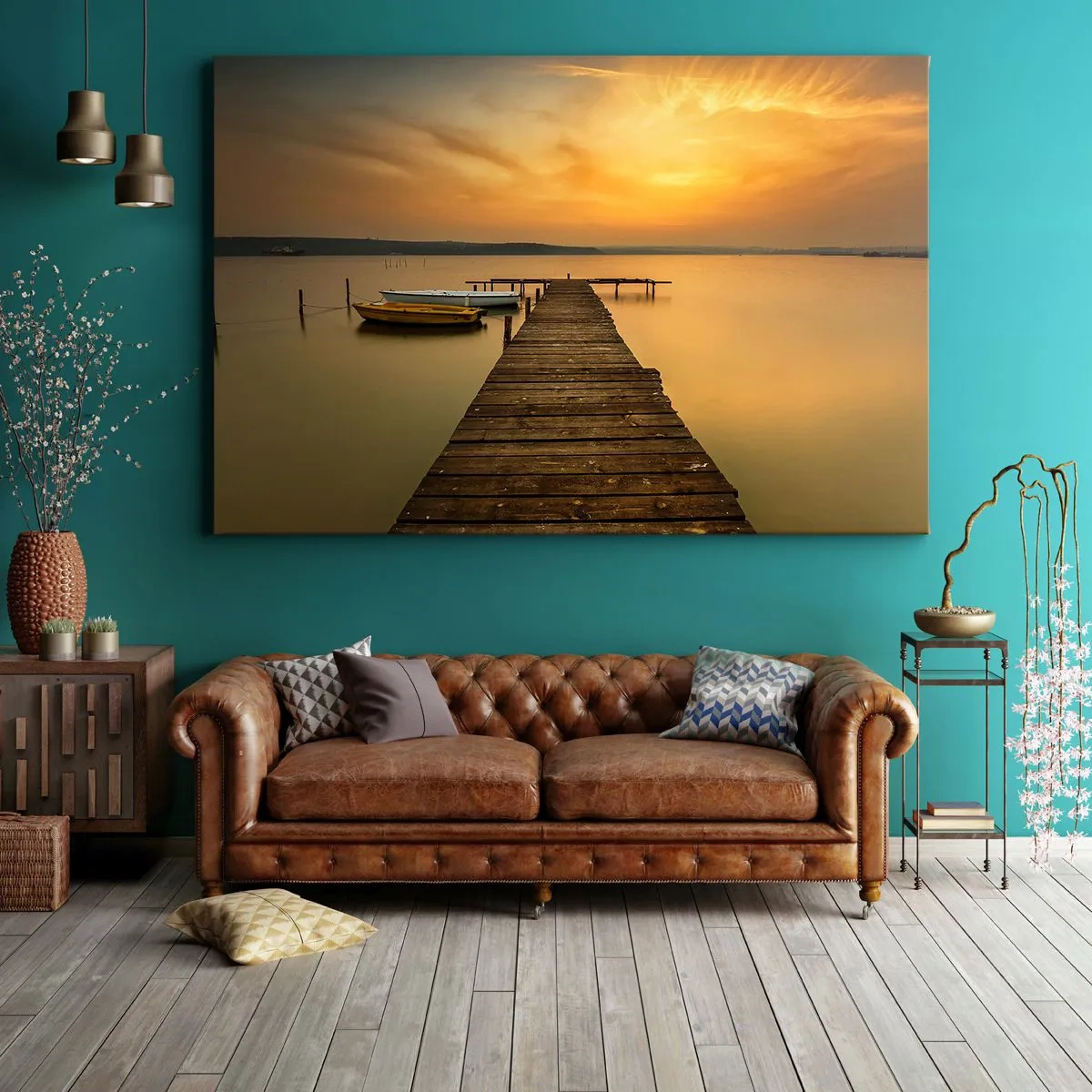 Impression sur toile - Image sur toile - Jetée en bois et bateaux sur le lac au coucher du soleil - 120x80cm - Je t'ouvrirai le ciel d'or - Décoration murale moderne pour le salon et la chambre ARTTOR