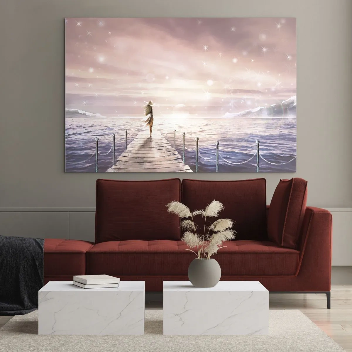 Impression sur verre - Image sur verre - Femme sur la jetée au coucher du soleil - 70x50cm - A la lumière d'un rêve - Décoration murale moderne pour le salon et la chambre ARTTOR