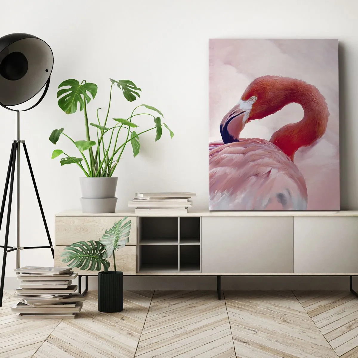 Impression sur toile - Image sur toile - Un flamant rose aux tons roses sur fond clair - 50x70cm - Beauté des oiseaux - Décoration murale moderne pour le salon et la chambre ARTTOR