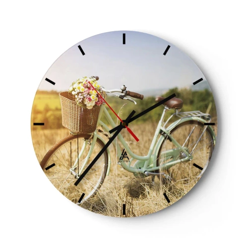 Horloge murale - Pendule murale - Un vélo avec un panier rempli de fleurs dans un champ par une journée ensoleillée - 30x30cm - Je vais rester un petit moment - Décoration murale moderne pour le salon, la cuisine et la chambre ARTTOR