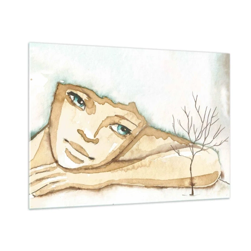 Impression sur verre - Image sur verre - Une figure subtile d'une femme avec un arbre sur un fond de couleurs aquarelles - 100x70cm - L'arbre de la poésie naît du silence - Décoration murale moderne pour le salon et la chambre ARTTOR