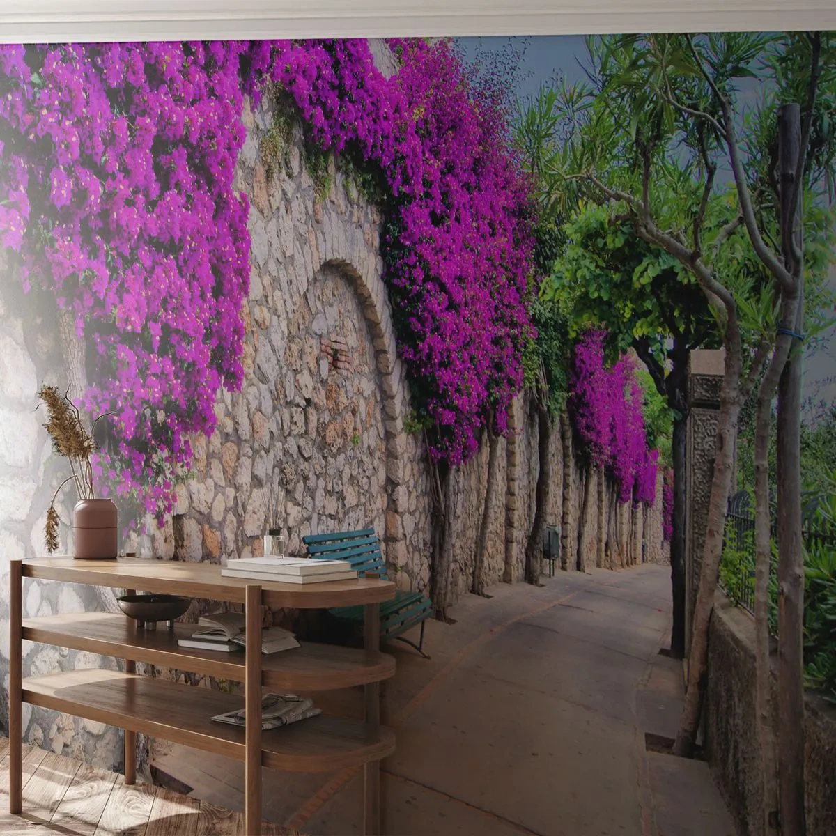 Papier Peint Photo Premium Canvas - Un chemin de pierre avec un banc et des fleurs violettes en fleurs - 100x70cm - Rencontrons-nous au plus vite - Décoration murale moderne pour le salon et la chambre ARTTOR