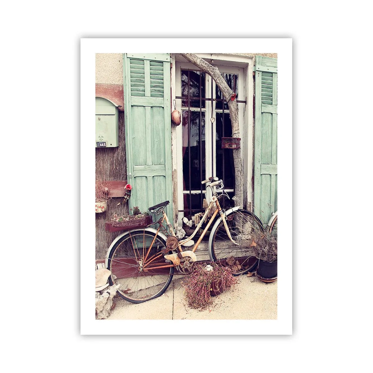 Affiche - Poster - Un vieux vélo devant des volets verts en bois - 50x70cm - Que la province vive - Décoration murale moderne pour le salon et la chambre ARTTOR