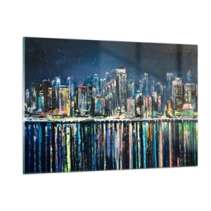 Impression sur verre - Image sur verre - Panorama de la ville la nuit avec les lumières se reflétant dans l'eau - 120x80cm - Cascade de lumières - Décoration murale moderne pour le salon et la chambre ARTTOR