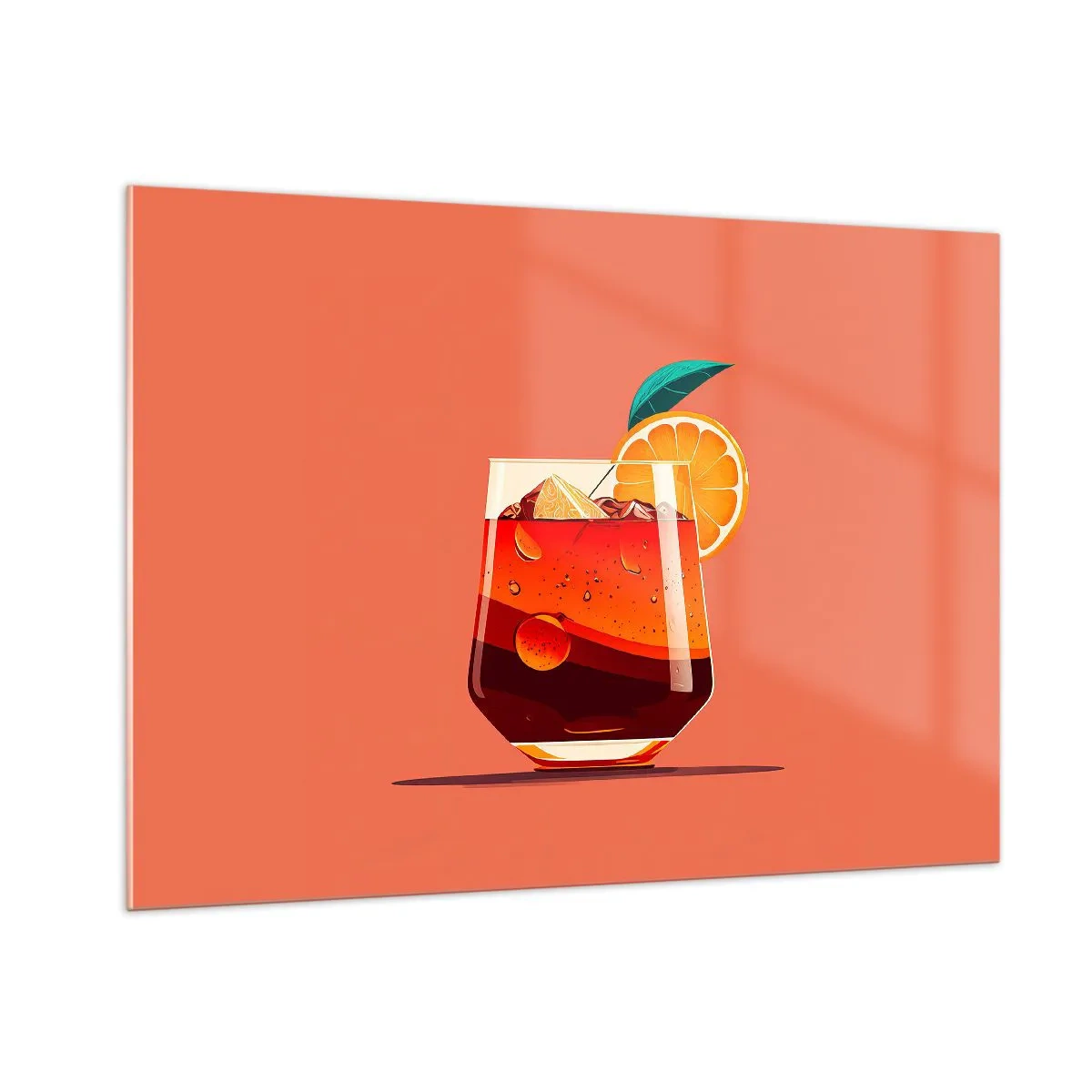 Impression sur verre - Image sur verre - Une boisson colorée à l'orange sur un fond pêche chaud - 100x70cm - Rafraîchissement d'été - Décoration murale moderne pour le salon et la chambre ARTTOR