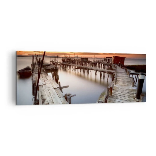 Impression sur toile - Image sur toile - Jetées en bois sur une eau calme au coucher du soleil - 140x50cm - Authentique, pas un attrape touristique - Décoration murale moderne pour le salon et la chambre ARTTOR