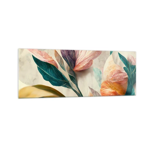 Impression sur verre - Image sur verre - Fleurs colorées de style tropical sur fond clair - 140x50cm - Fleurs des îles du sud - Décoration murale moderne pour le salon et la chambre ARTTOR