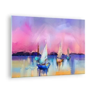 Impression sur verre - Image sur verre - Marina abstraite avec voiliers au coucher du soleil - 70x50cm - Direction: les eaux larges - Décoration murale moderne pour le salon et la chambre ARTTOR
