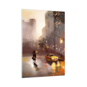Impression sur verre - Image sur verre - Ville la nuit sous la pluie avec des taxis et la silhouette d'un couple - 50x70cm - Dans les lumières de New-York - Décoration murale moderne pour le salon et la chambre ARTTOR