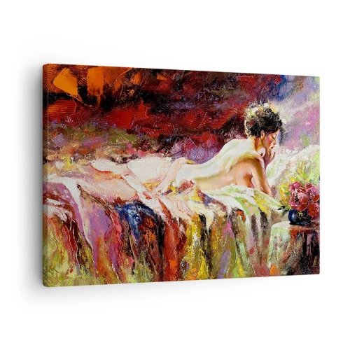 Impression sur toile - Image sur toile - Une femme allongée sur un lit sur un fond de couleurs abstraites. - 70x50cm - Vénus en pensée - Décoration murale moderne pour le salon et la chambre ARTTOR