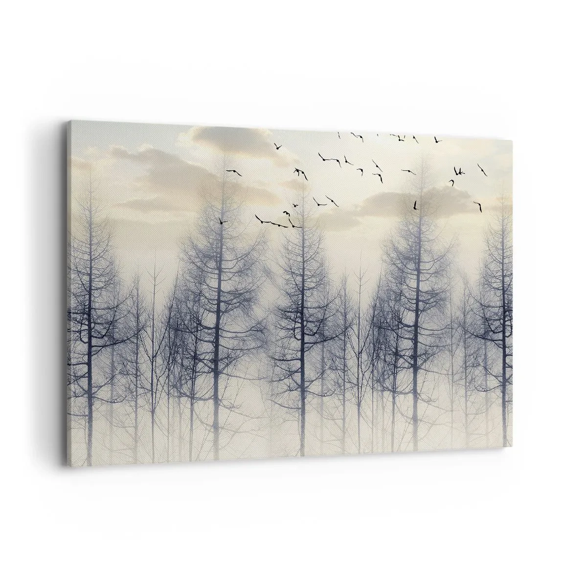 Impression sur toile - Image sur toile - Forêt brumeuse avec des oiseaux contre le ciel du coucher du soleil - 100x70cm - L'âme de la forêt - Décoration murale moderne pour le salon et la chambre ARTTOR