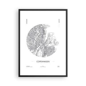 Affiche dans un cadre noir - Poster - Une carte minimaliste de Copenhague en noir et blanc. - 50x70cm - Anatomie de Copenhague - Décoration murale moderne pour le salon et la chambre ARTTOR