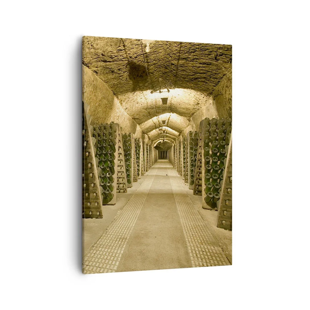 Impression sur toile - Image sur toile - Un vignoble avec une cave remplie de bouteilles de vin exposées sur des étagères en bois. - 50x70cm - L'éveil du goût - Décoration murale moderne pour le salon et la chambre ARTTOR