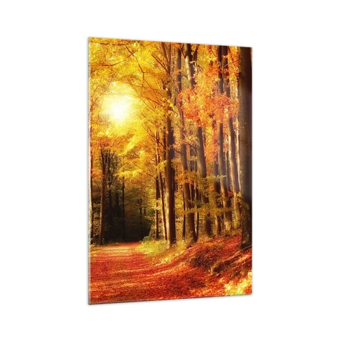 Impression sur verre - Image sur verre - Forêt d'automne avec les rayons du soleil qui brillent à travers les arbres - 70x100cm - Automne doré sur une route forestière - Décoration murale moderne pour le salon et la chambre ARTTOR