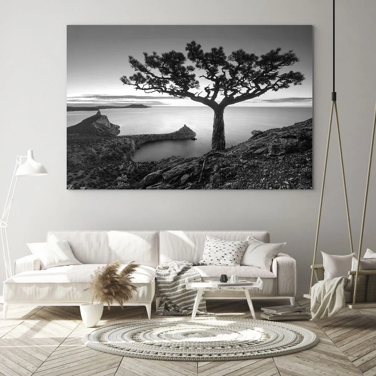Impression sur verre - Image sur verre - Un arbre sur une falaise surplombant la baie - 120x80cm - Paix jusqu'à l'horizon - Décoration murale moderne pour le salon et la chambre ARTTOR